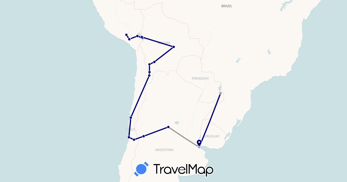 TravelMap itinerary: driving, plane in Argentina, Bolivia, Chile, Peru (South America)